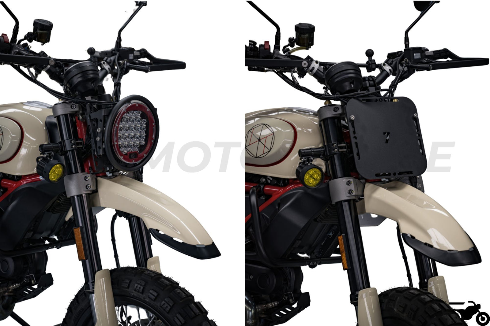 Latarnia morska z Ducati Scrambler i Desert Sled Adventure Fork Head